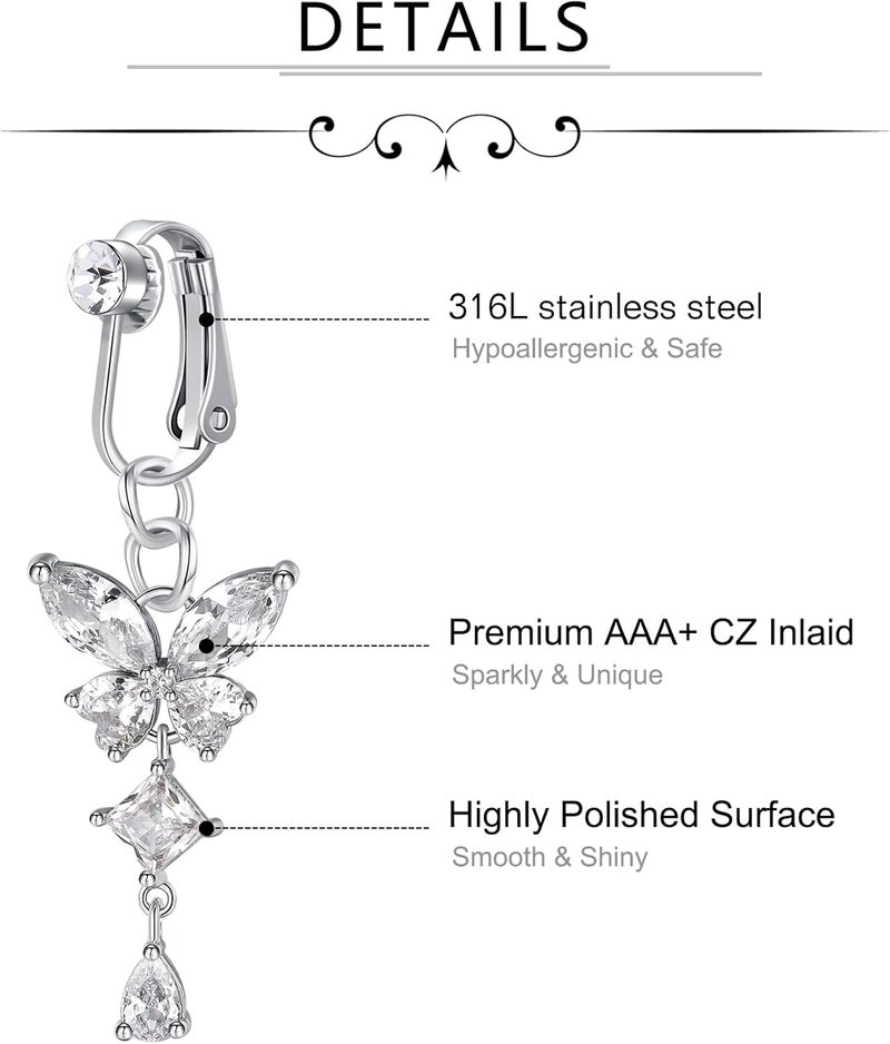 D.Bella Fake Belly Ring Fake Belly Piercing Clip on Belly Button Rings Surgical Steel Fake Belly Button Ring Fake Earrings Diamond Snake Dangle Non Piercing Fake Belly Piercing Jewelry - Image 3